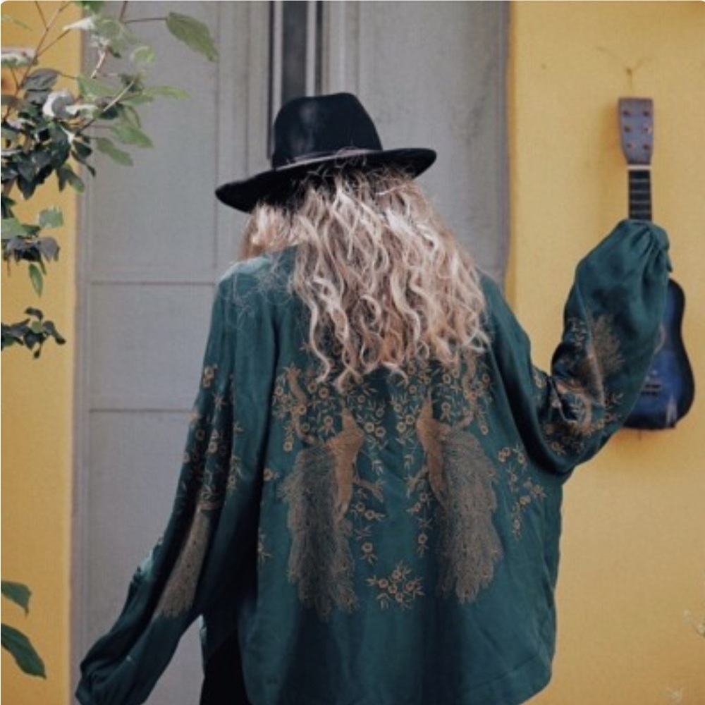 Zara green and gold embroidered jacquard kimono with a peacock design